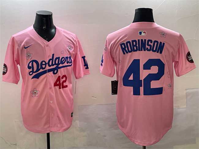 Mens Los Angeles Dodgers #42 Jackie Robinson Pink 2025 Tokyo Series Limited Stitched Jersey